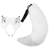 Odowalker 2 Pcs Wolf Fox Ears and Tail Set Furry Therian Tail and Ear, Fox Ear Wolf Tail Cosplay Costume Headband and Tail Set for Halloween Christmas Women Men