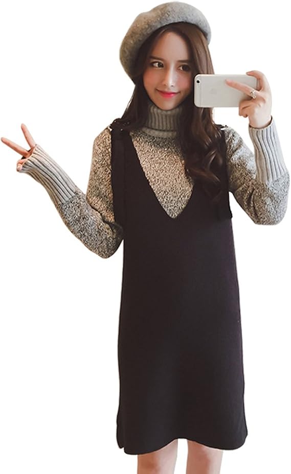 Amazon Jsファッション Js Fashion タートルネックニットトップスとキャミワンピース2点セット 長袖 Freeサイズ グレー ブラック 並行輸入品 ワンピース チュニック 通販