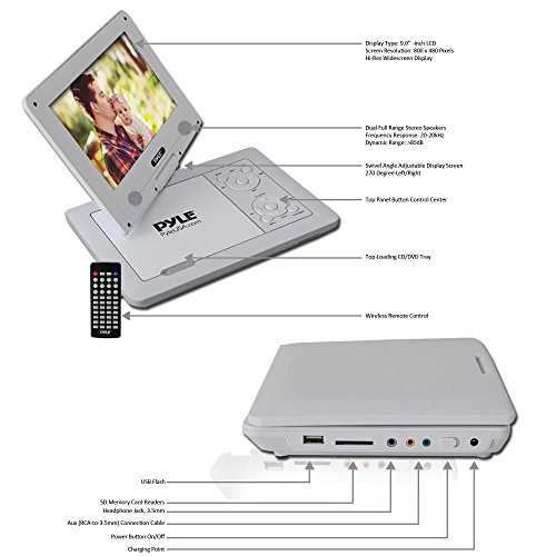Upgraded-2017-Pyle-9-Portable-Travel-DVD-Player-Use-as-Car-CD-DVD-Player-Rechargeable-Battery-USBSD-Headphone-Jack-Includes-Remote-Control-Car-Charger-Travel-Bag-White-PDV91WT
