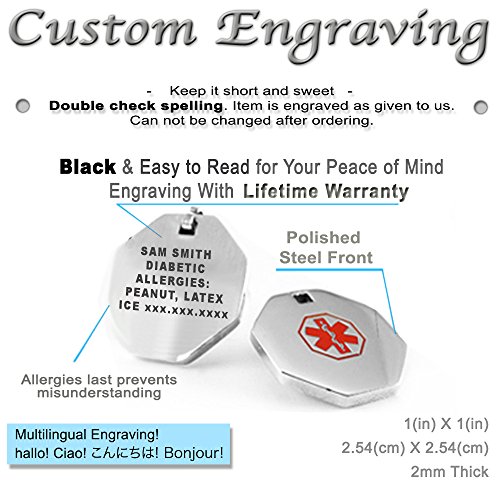 My Identity Doctor - Medical Alert Mens Womens Necklace with Pendant - Custom Engraving for Diabetes Warfarin Dialysis Stroke Pacemakers - 27in - 68.5cm Chain - Red