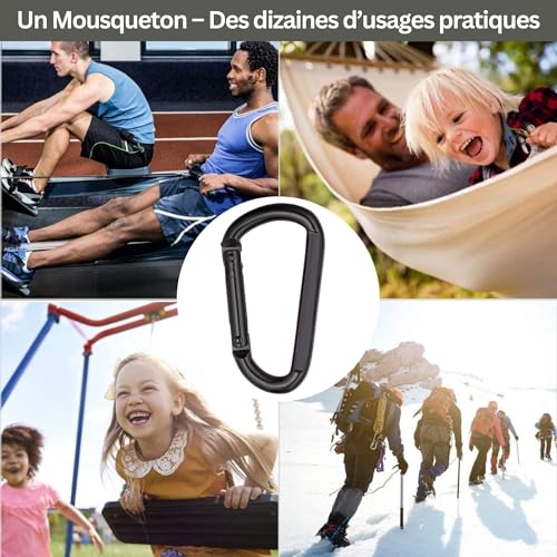 NEXAFIX M8 Stainless Steel Black Carabiner 8 cm (Pack of 2) – 250 kg Hook Carabiner Key Ring for Hammock Swing Dog Camping Hiking