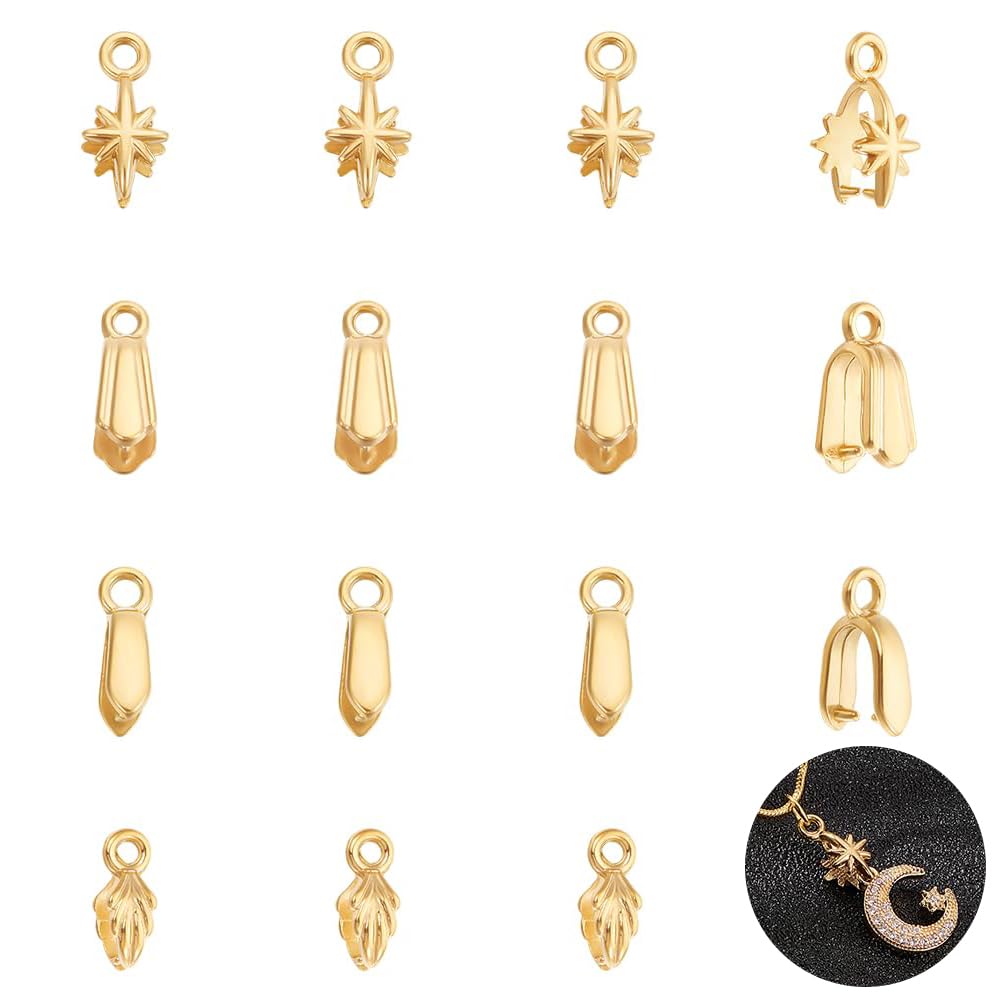 UNICRAFTALE 16Pcs 4 Styles Golden Pinch Bails Stainless Steel Snap on Bails Pendant Bail Connector Metal Pinch Ice Pick Pinch Bails Dangle Charm Connectors for Jewelry Making Findings DIY Craft