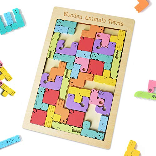 Wooden Tetris Puzzle Brain Teasers Toy,Tangram Jigsaw Puzzle, Stem Toys with Colorful 3D Russian Blocks,Montessori Educational Gift for Kids & Adults (40 PCS)