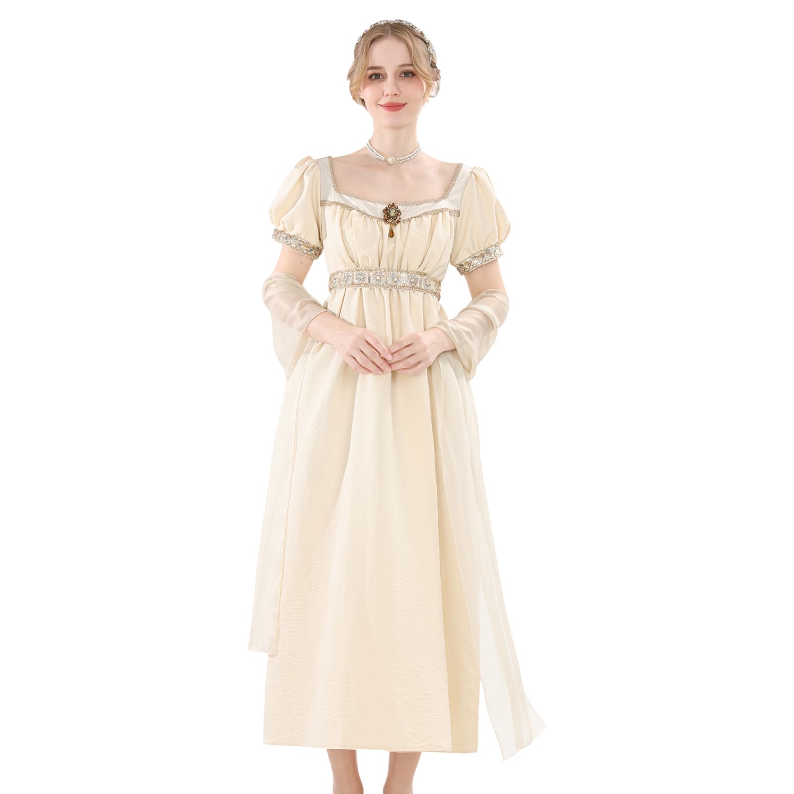 Photo 1 of (medium)  Beige Regency Dress for Women Victorian Ball Gown Plus Size Empire Waist Dress 4 Pcs Set, Size M