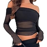ABAFIP Women's Sheer Crop Top Ruched Ruffle Off Shoulder Mesh Cropped Long Sleeve Blouse Rave Tops