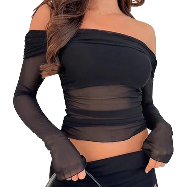 EFOGEP Sexy Mesh Off The Shoulder Top for Women Ruched Long