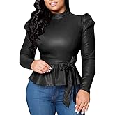 acelyn Women's Matte Mock Neck Turtleneck Long Sleeve Faux Leather Shirts Blouse Top with Belted