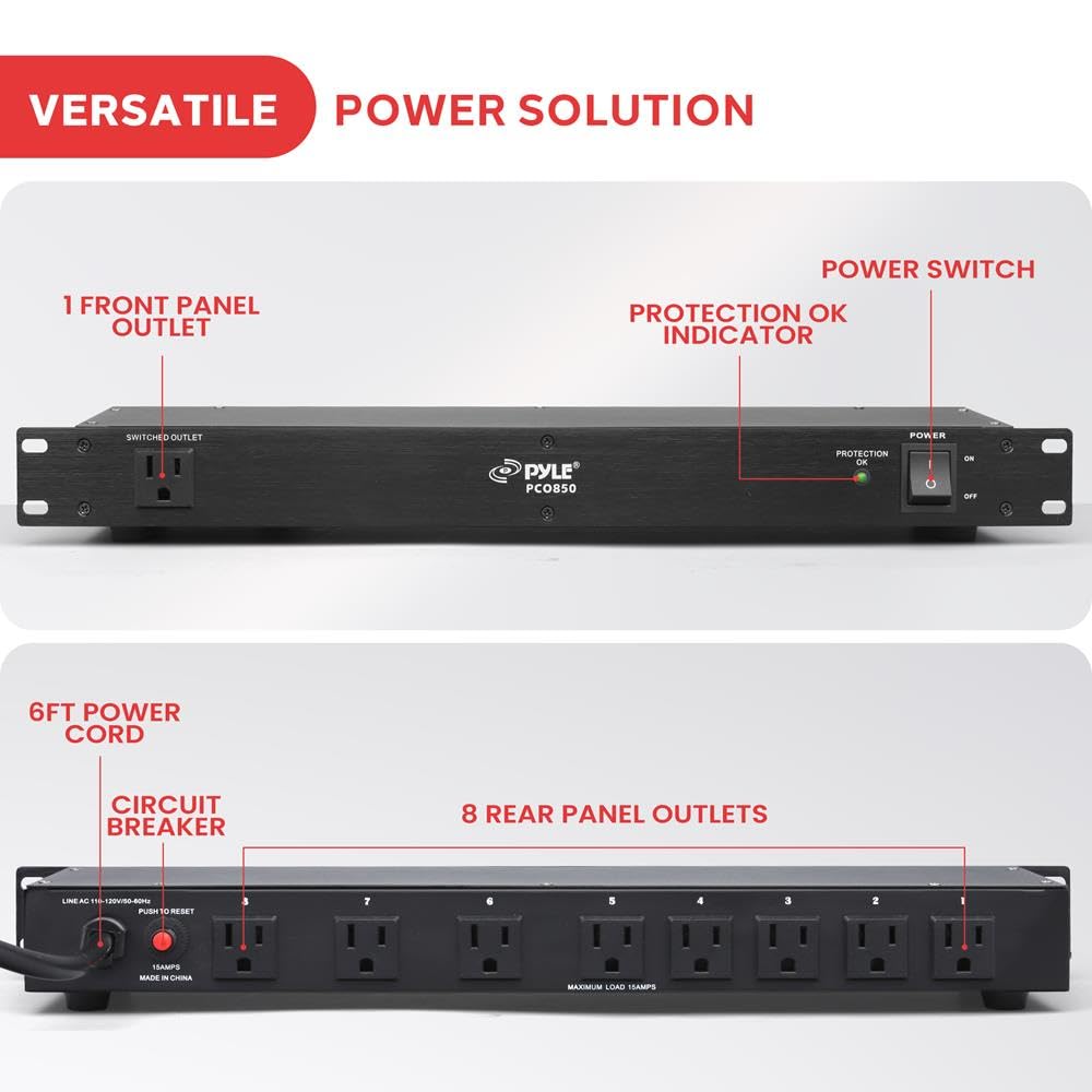 Pyle 150J Surge Protector Power Strip - 9 Outlet - 15 Amp - 1U Rack Mount with AC Filter - Heavy Duty Extension Cord - Overload Protection for Home/Office/Server Use - PCO850