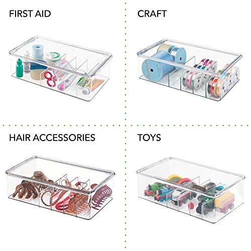 mDesign Stackable Plastic Storage Bin Box with Lid - Divided Organizer for Vitamins, Supplements, Serums, Essential Oils, Medicine Pill Bottles, Adhesive Bandages, First Aid Supplies - 4 Pack - Clear