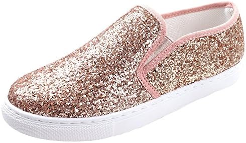 W Collection Slip on Glitter Fashion Sneakers White Sole Shoes Closed Toe, Champagne, 7