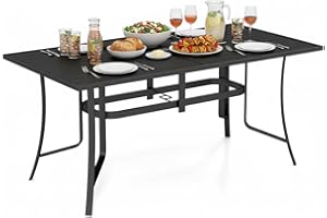 Tangkula 66" x 33" Metal Patio Dining Table for 6, Rectangle Heavy Duty Outdoor Dining Table with Umbrella Hole, 6-Person Out