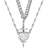 vdwv Personality Red Zircon Love Heart Dagger Pendant Necklace for Women Jewelry Gothic Sword Layered Necklace for Couple