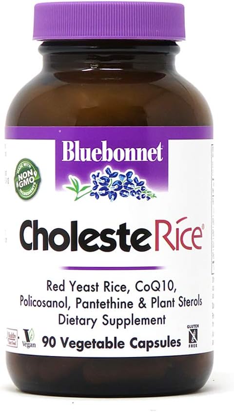 Bluebonnet Nutrition CholesteRice Vegetable Capsules, Red Yeast Rice, Plant Sterols, Pantethine, CoQ10, Policosanol, Vegan, Vegetarian, Non GMO, Gluten Free, Milk Free, 90 Vegetable Capsules: Health & Personal Care