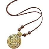 GYRMMUE Boho Long Sweater Necklace for Women Wooden Pendant Necklaces Vintage Jewelry Chunky Circle Necklace Leather Cord Necklace Handmade Jewelry