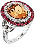Platinum-Plated Swarovski Crystal Light Smoked Topaz Oval-Cut Double Halo with Ruby and Clear Ring, Size 8