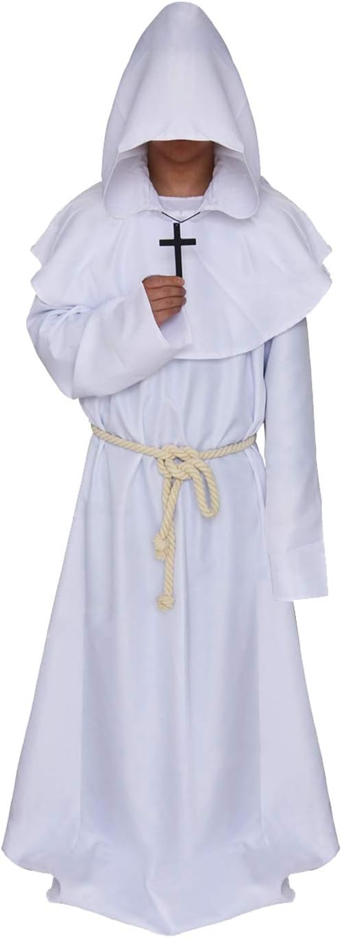 Friar Monk Priest Hooded Robe Cloak Halloween Cosplay Costume Y052WS White