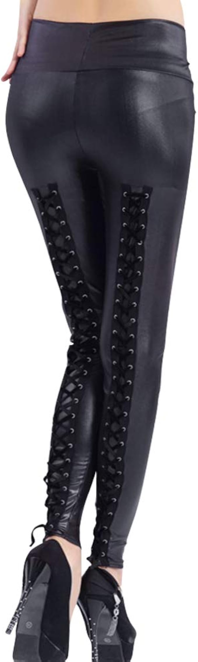 uirend Sexy Hip Cross Straps Leggings High Waist Imitation Leather