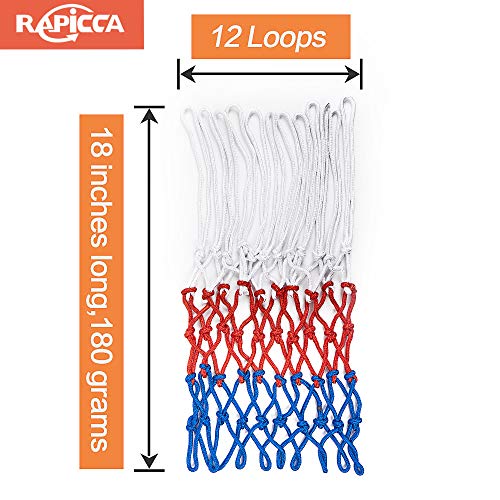 RAPICCA Heavy Duty Basketball Net Replacement 2 Packs- All Weather Anti Whip, Fits Standard Indoor or Outdoor Rims - White/Red/Blue, 12 Loops