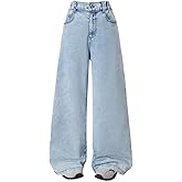 Nivne Tco Tween Girls Wide Leg Jeans - Zipper Fly and Bow Embroidery Back, Denim Pants with Pockets for Girls