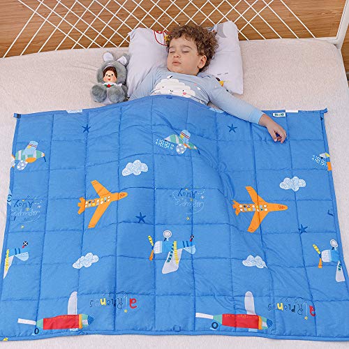 Wemore Kids Weighted Blanket 5 lbs 36 x 48 inches,100% Natural Cotton and Premium Glass Beads Heavy Weight to Relax and Stimulate Quality Sleep, Blue Airplane