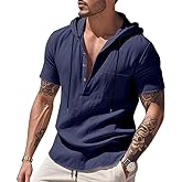 LIZALIG Men's Casual Linen Blend Shirt Short Sleeve Hooded Pullover 1/4 Button Henley Shirt for Vacation and Daily Wear