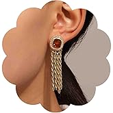 Iaceble Boho Citrine Crystal Chain Earrings Gold Chain Tassel Earrings Square Chain Tassel Dangle Earrings Long Chain Drop Earrings Statement Tassel Earrings Jewelry for Women