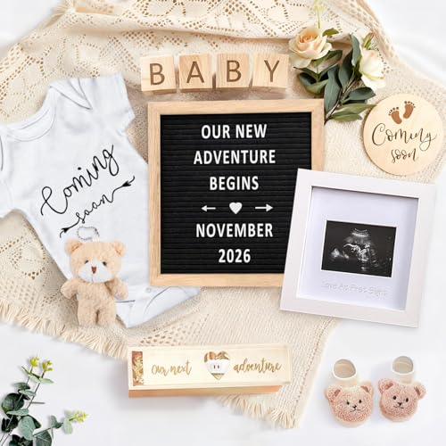Pregnancy Announcement Set, Baby Announcement Props Ideas Include Letter Board, Pregnancy Test Box, Baby Onesie, Booties, Photo Frame, Wooden Sign, Wood Blocks and Bear Coming Soon Baby Announcement