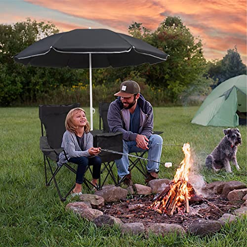 LEADALLWAY Double Camping Chair with Parasol Portable Folding Lawn