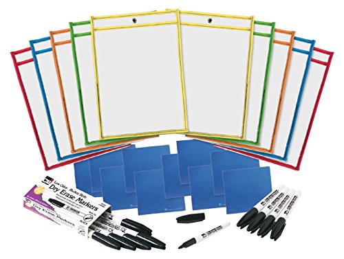 Charles Leonard Reusable Clear Dry Erase Pockets Class Pack, Includes 10 Each of Pockets/Markers/Cloth Erasers (29130)
