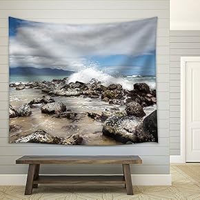 Landscape with Rocks and Waves by The Seashore - Fabric Wall Tapestry Home Decor - 51x60 inches