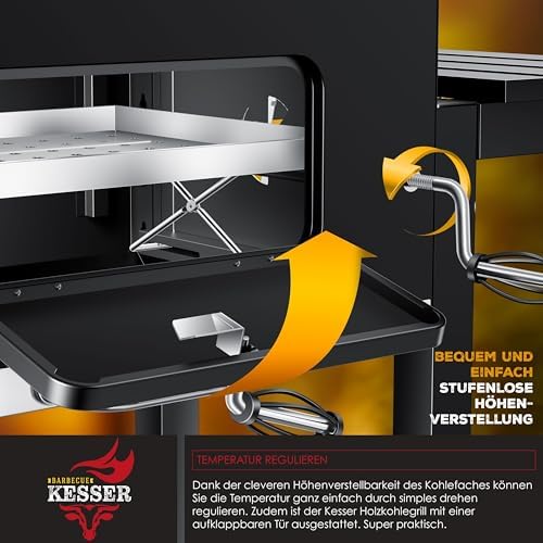 ® Parilla de Carbón con Carrito Grill con Tapa, Ruedas, Mango de Acero Inoxidable | Barbacoa y Termómetro Carbón Grande BBQ Asador Camping, Terraza, Jardín XL Negro