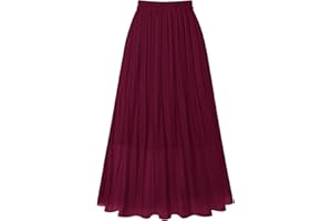 Kingfancy Women's Pleated Skirt Chiffon Elastic Waist A-Line Midi Length Skirt