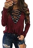 Ermonn Women's Winter Sexy Long Sleeve V Neck Bandage T Shirts Tops