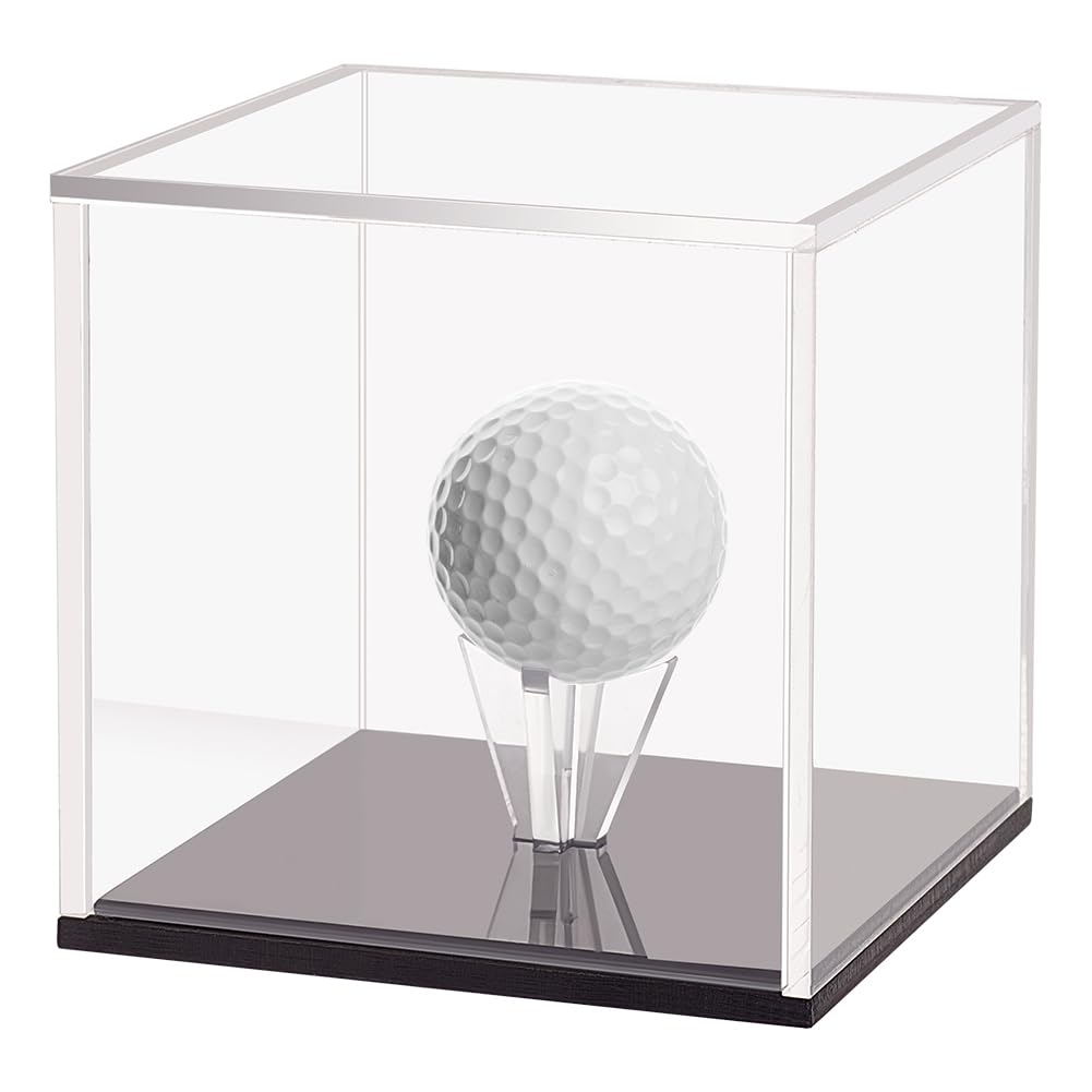 FINGERINSPIRE Acrylic Golf Ball Display Stand 7.6x7.6x7.6cm Golf Ball Display Case Transparent Cube Golf Ball Holder with Black Base Dust Protection Storage Box for Single Golf Ball