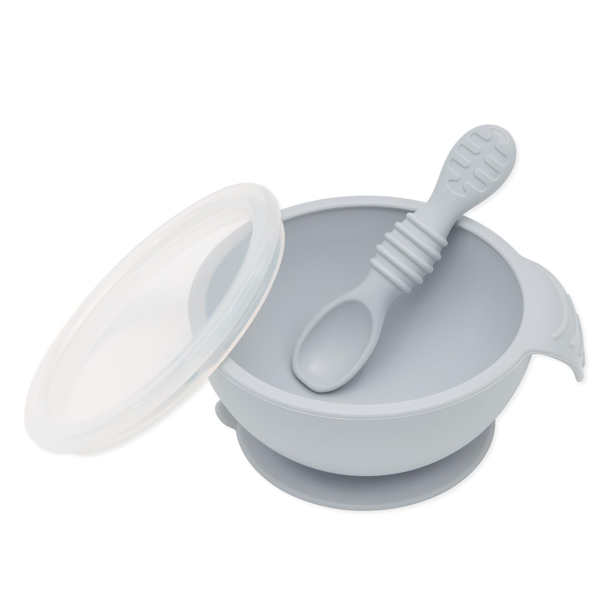 Bumkins First Feeding Set - Bowl With Suction Base, Lid, Spoon, Baby Led Weaning, BPA-Free, Microwave/Dishwasher/Freezer Safe, 100% Silicone, Grey