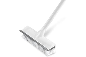 BOOMJOY Floor Scrub Brush with Long Handle, 2 in 1 Scrape and Brush, Stiff Bristles Floor Scrubber, Deck Brush for Cleaning Bathroom, Patio, Garage, Kitchen, Bath, Tile
