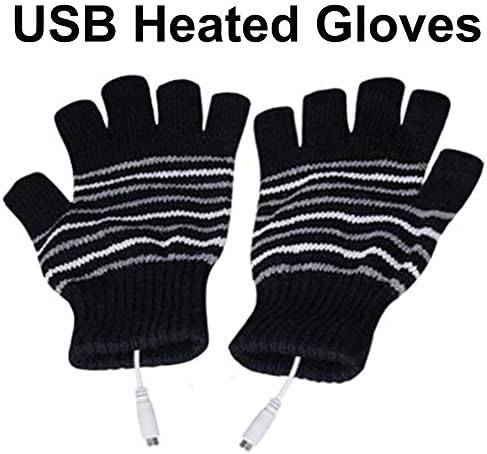 AIKIN USB Heated Gloves for Men and Women Mitten, USB 2.0 Powered Stripes Heating Pattern Knitting Wool Heated Gloves Hands Warmer Laptop/Computer Gloves Fingerless Washable Design (Black)
