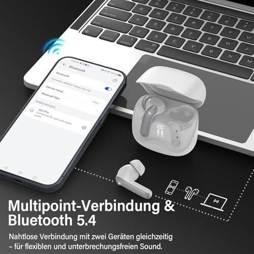 Bluetooth Headphones with Hybrid Active Noise Cancellation, In-Ear Headphones Wireless Bluetooth 5.4, 6Mic, 49 Hours Playback, Powerful Bass, 8 EQ Modes, App Control, Wireless Charging, Multipoint