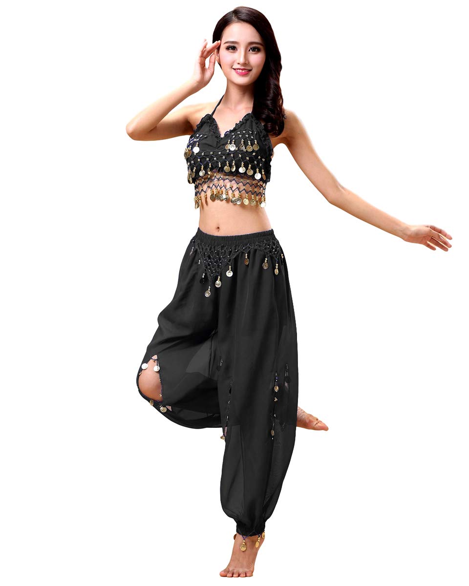Grouptap Bollywood women india arabian lady belly dancer sequined top slit pants dress party costume black fancy adult outfit (Black, 150-170 cm)
