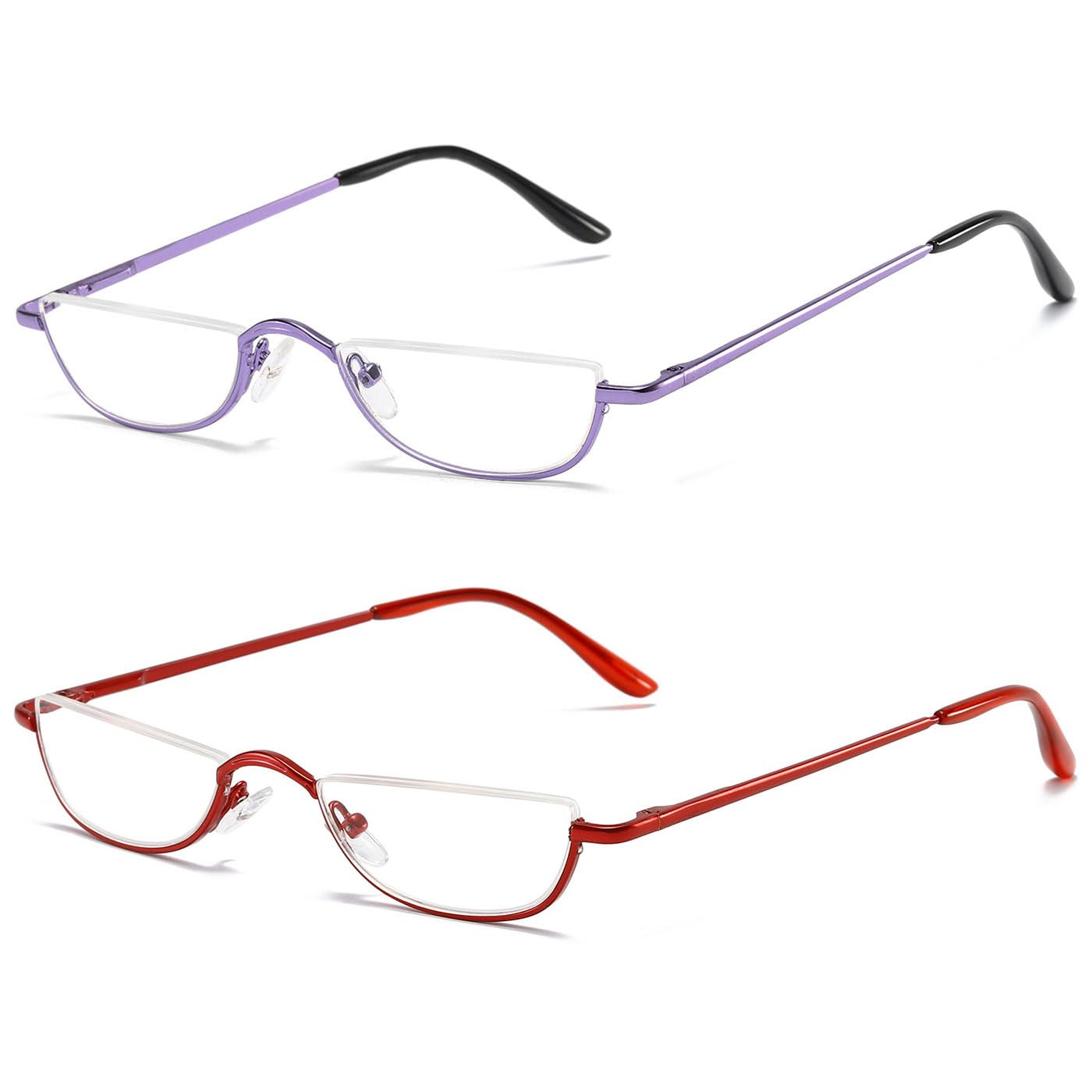 ABETOS 2 Pack Half Moon Reading Glasses Half Frame Semi Rimless Metal Strong Eyewear Spring Hinge Clear Lens Lightweight Fashion Computer Readers for Men Women, Purple&Red 2.0