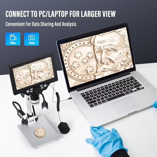 Digital Microscope, Couleeur Height Swivel 1200X 1080P and LCD Microscope, Microscope with 7 Inch Display with 2 Adjustable Side Lights and 8 LED Balls for Electronic Repairs