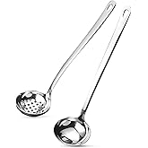 18/8 Stainless Steel Soup ladle,One ladle and Slotted Spoon Set of 2 with Hole for Easy Hanging,Cooking Ladle for Kitchen