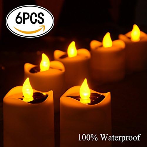 Abkshine 6 Pack Solar Flameless Candles, Waterproof Solar Rechargeable LED Tealights, Solar Powered Flickering Table Lamp for Home Decor, Wedding, Birthday, Party Decor(Amber Yellow)