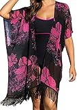 Cover Ups for Swimwear Women, Flovisa Women's Plus Size Floral Chiffon Tassel Beachwear Kimono Cardigans Bikini Swimwear Cover Ups