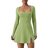 QINSEN Womens Square Neck Bodice Dress Long Sleeve Side Slit Flare Mini Dresses