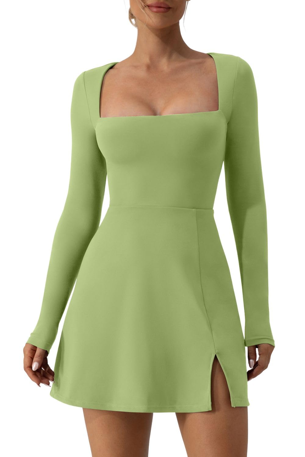 Photo 1 of QINSEN Woman's Square Neck Long Sleeve High Waist Casual Short Dresses for Winter Green M