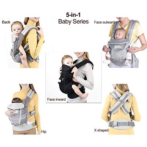 Baby Carrier, 5-in-1 Convertible Carrier Ergonomic, Soft Breathable Mesh Cmfortable, Front and Back Carrier, with Head Support, Padded Shoulder Strap (Black)