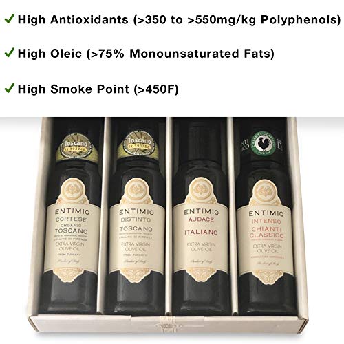 Entimio Collection | Extra Virgin Olive Oil Gift Set, Delicate to Robust Italian Olive Oil | 2018 Harvest, Italy, Tuscany, Gold Awards | First Cold Pressed, Rich in Antioxidants | 13.5 (4 x 3.4) fl oz