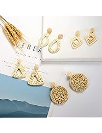 Finrezio - Juego de 4 pares de pendientes de mimbre para mujer, ligeros, con pajita de bohemio, trenzado, geométricos, hechos a mano