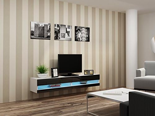 High Gloss TV Stand LED Entertainment Cabinet - 180cm Floating Wall Unit - 7 Colours (White & Black)